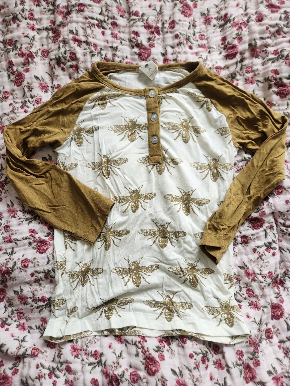 kate quinn Mustard and White Bee Print Henley Long Sleeve Top Size 5